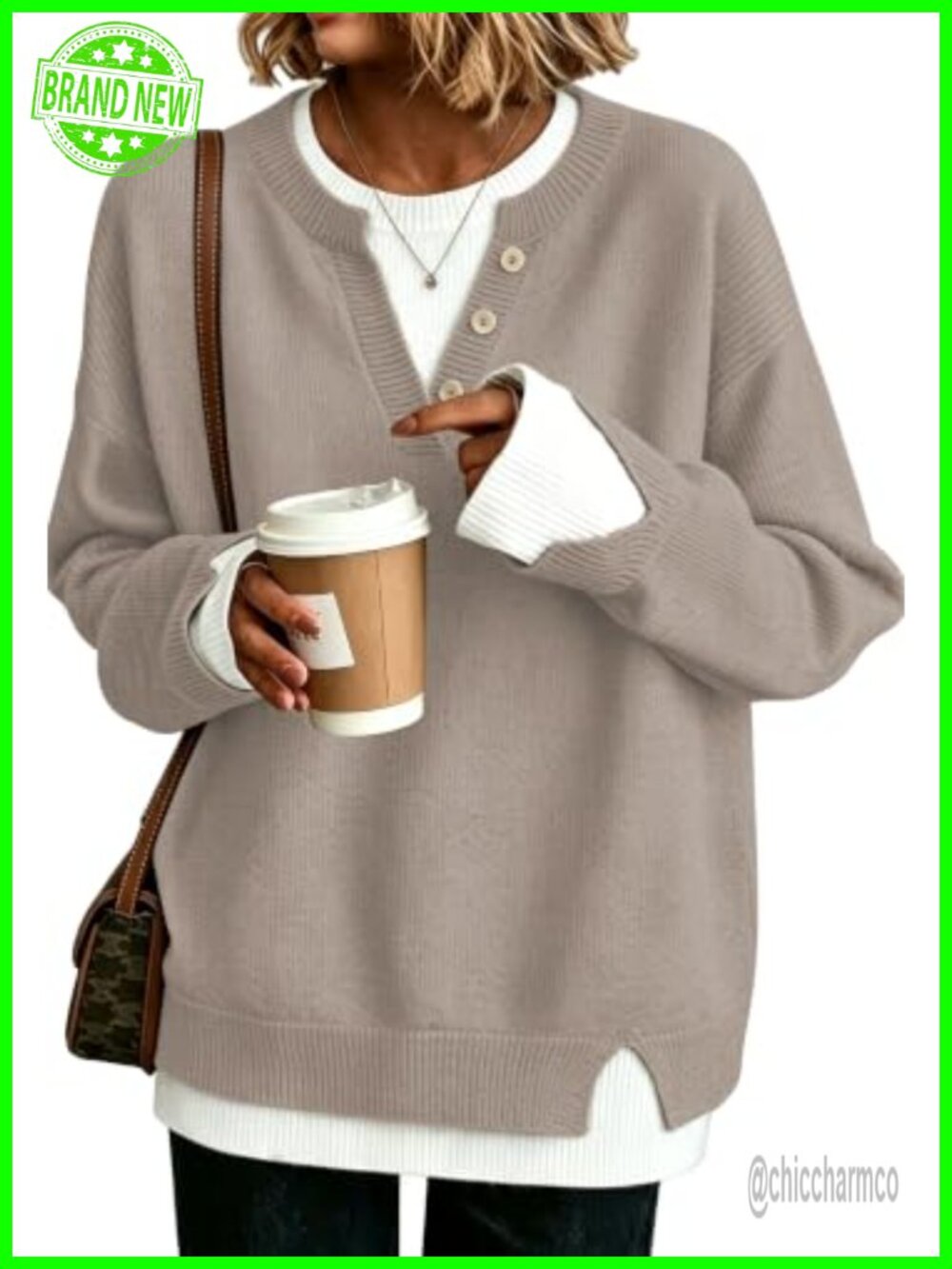 Womens Henley Sweater Button V-Neck Pullover Side Slit Oversized Knit Top